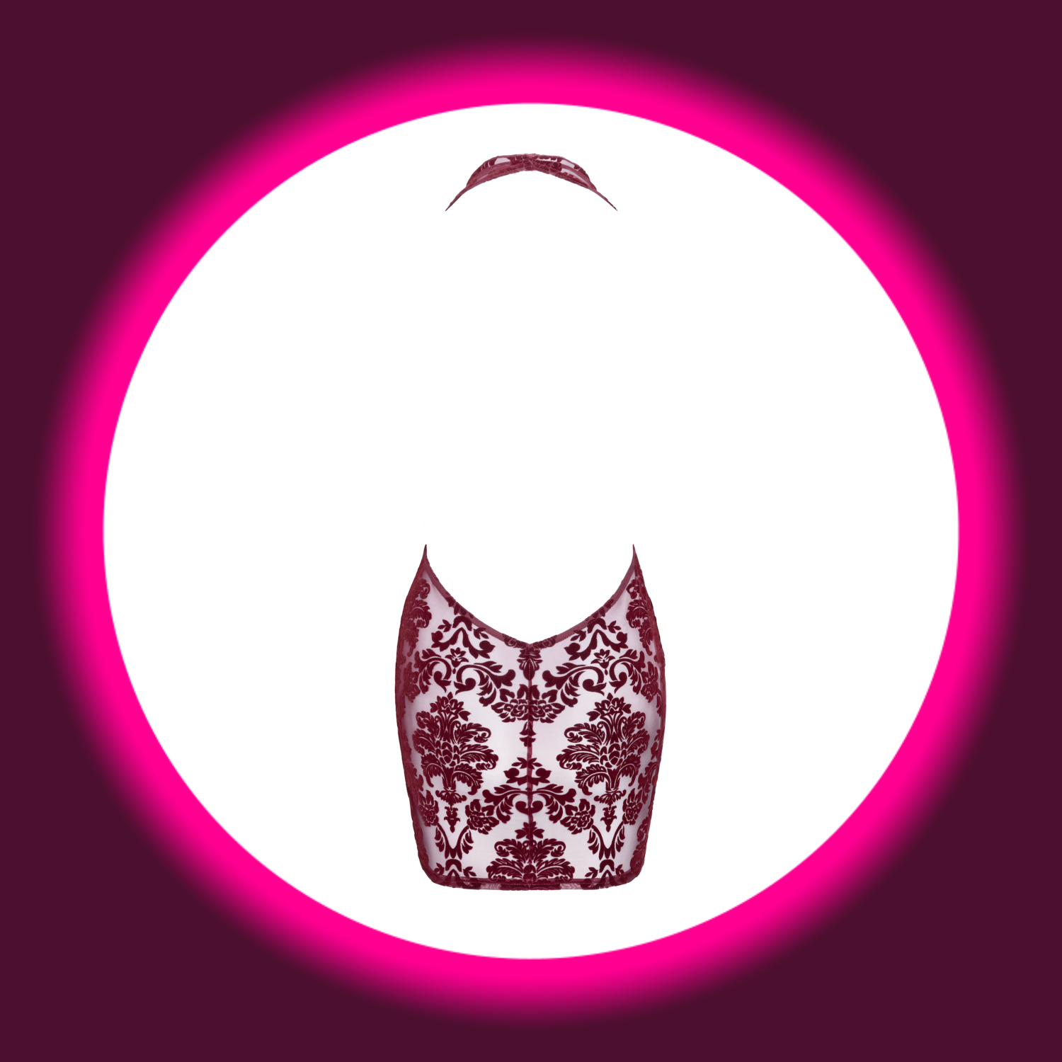 Rückansicht weinrotes Minikleid F385 mit tiefem Rückenausschnitt, Flock-Druck und floralem Muster, Noir Handmade