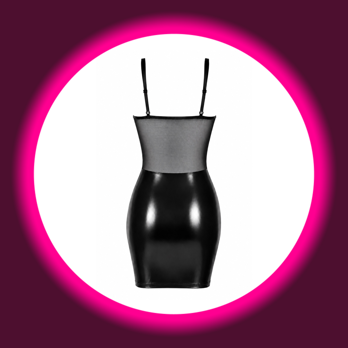 NOIR HANDMADE Minikleid Do Not Disturb F409 schwarz – Rückansicht freistehend, körpernahes Minikleid mit transparentem Mesh-Rücken, Spaghetti-Trägern und glänzendem Powerwetlook-Rock