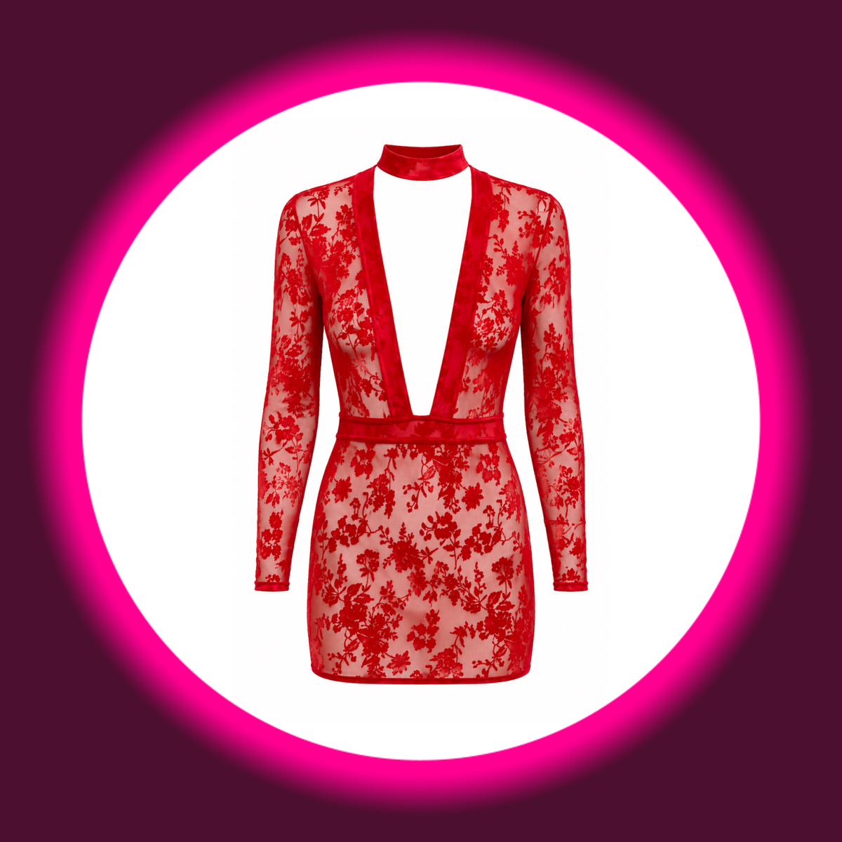 NOIR HANDMADE Minikleid Lovebite F415 rot – Frontansicht freistehend, tailliertes Minikleid mit tiefem V-Ausschnitt, Stehkragen und langen Ärmeln, florales Flockmuster auf transparentem Tüll