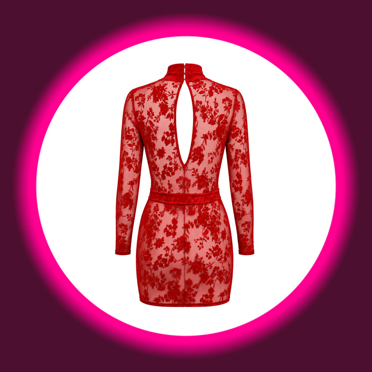 NOIR HANDMADE Minikleid Lovebite F415 rot – Rückansicht freistehend, tailliertes Minikleid mit verlängertem Rückenschlitz, Stehkragen mit Reißverschluss und langen Ärmeln, florales Flockmuster auf transparentem Tüll