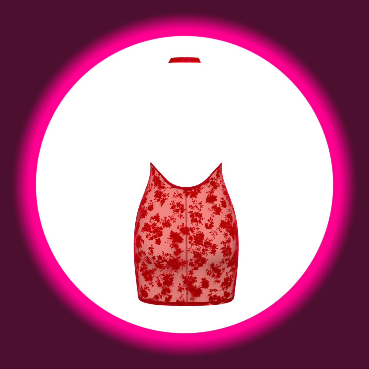 NOIR HANDMADE Minikleid Plaything F419 rot – Rückansicht freistehend, offener Rücken bis zur Taille mit U-förmigem Ausschnitt, Nackenverschluss und floralem Flockmuster auf transparentem Tüll