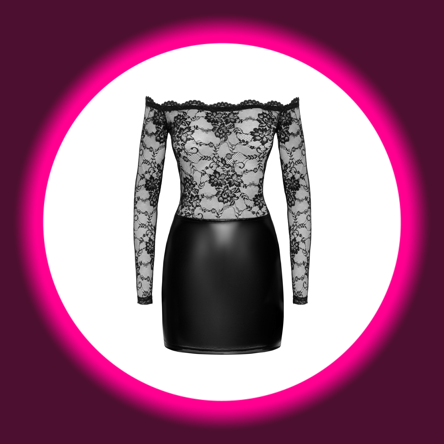 Frontansicht schwarzes Minikleid mit Carmen-Oberteil von Noir Handmade