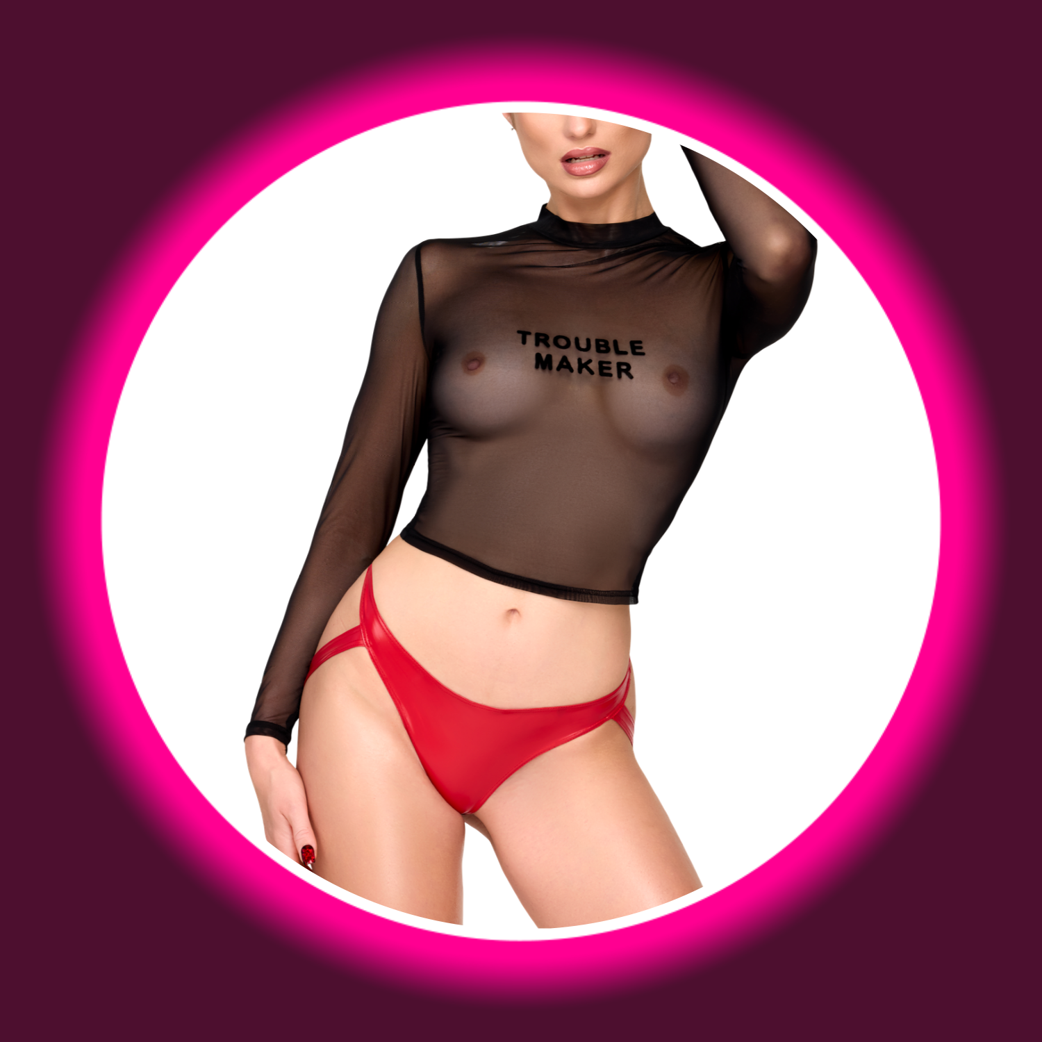 Frontansicht Noir Handmade Troublemaker F389 Oberteil in Schwarz – aus transparentem Tüll und mit beflocktem Print