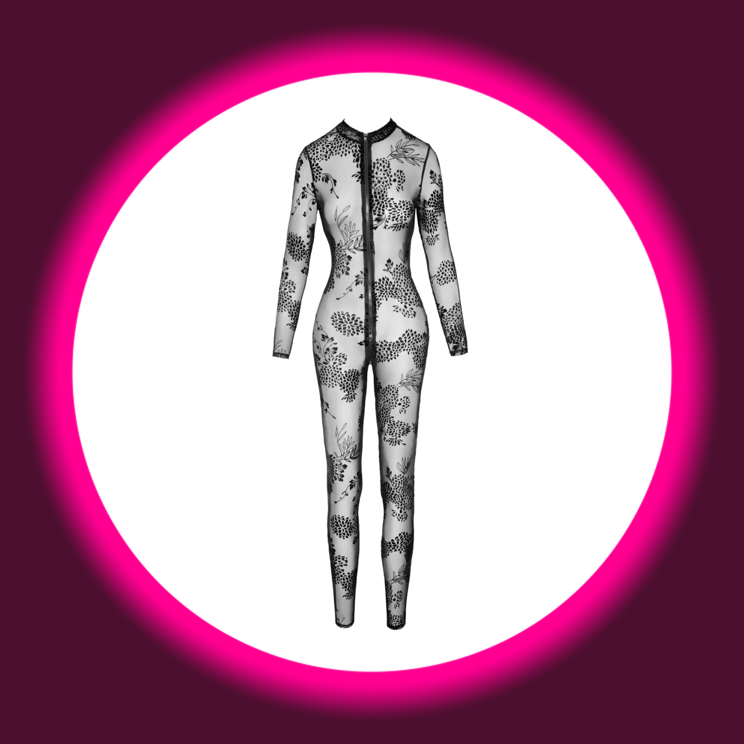 Frontansicht schwarzer langer Overall Tüll F237 mit Samtflock-Print in floralem Muster, Noir Handmade