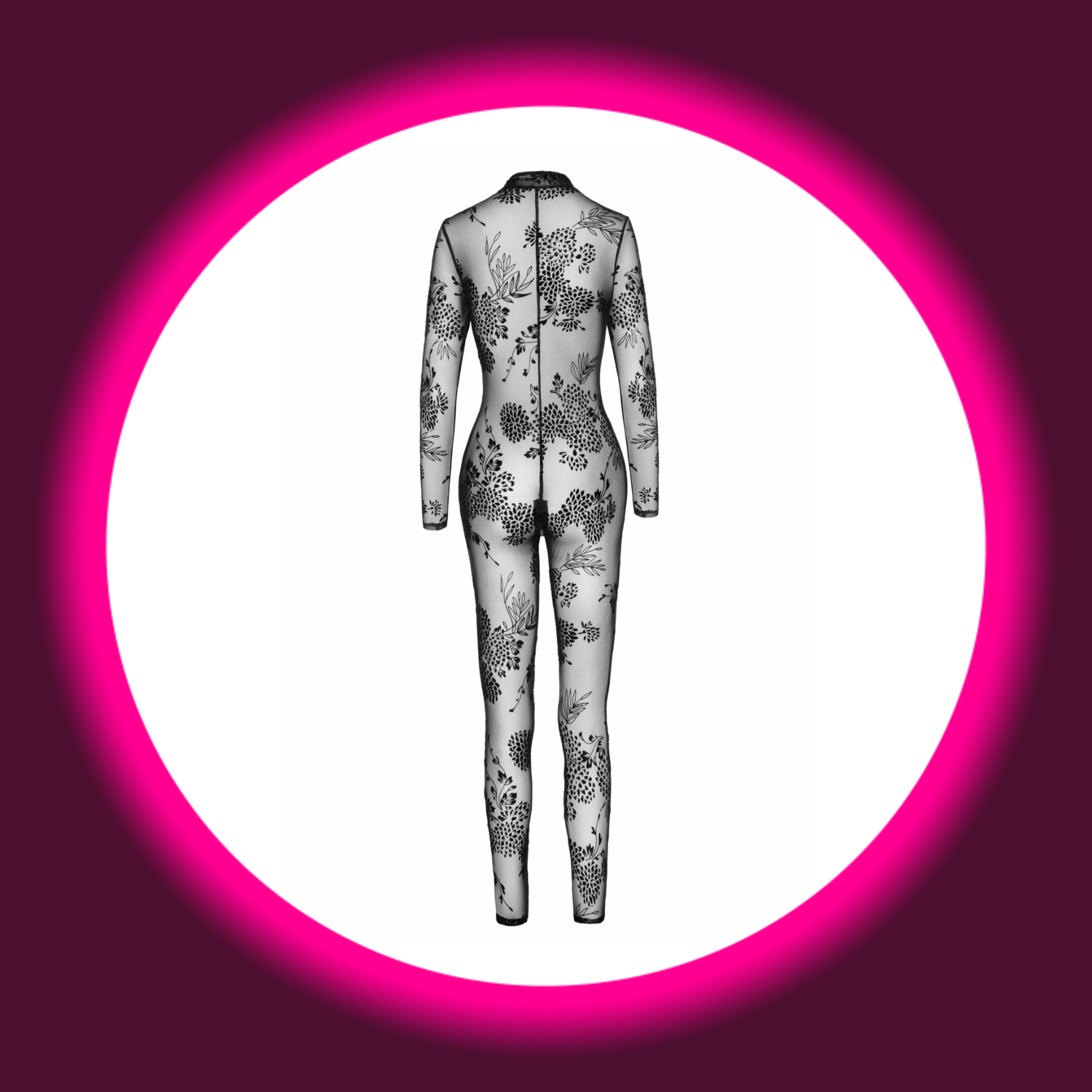 Rückansicht schwarzer langer Overall Tüll F237 mit Samtflock-Print in floralem Muster, Noir Handmade