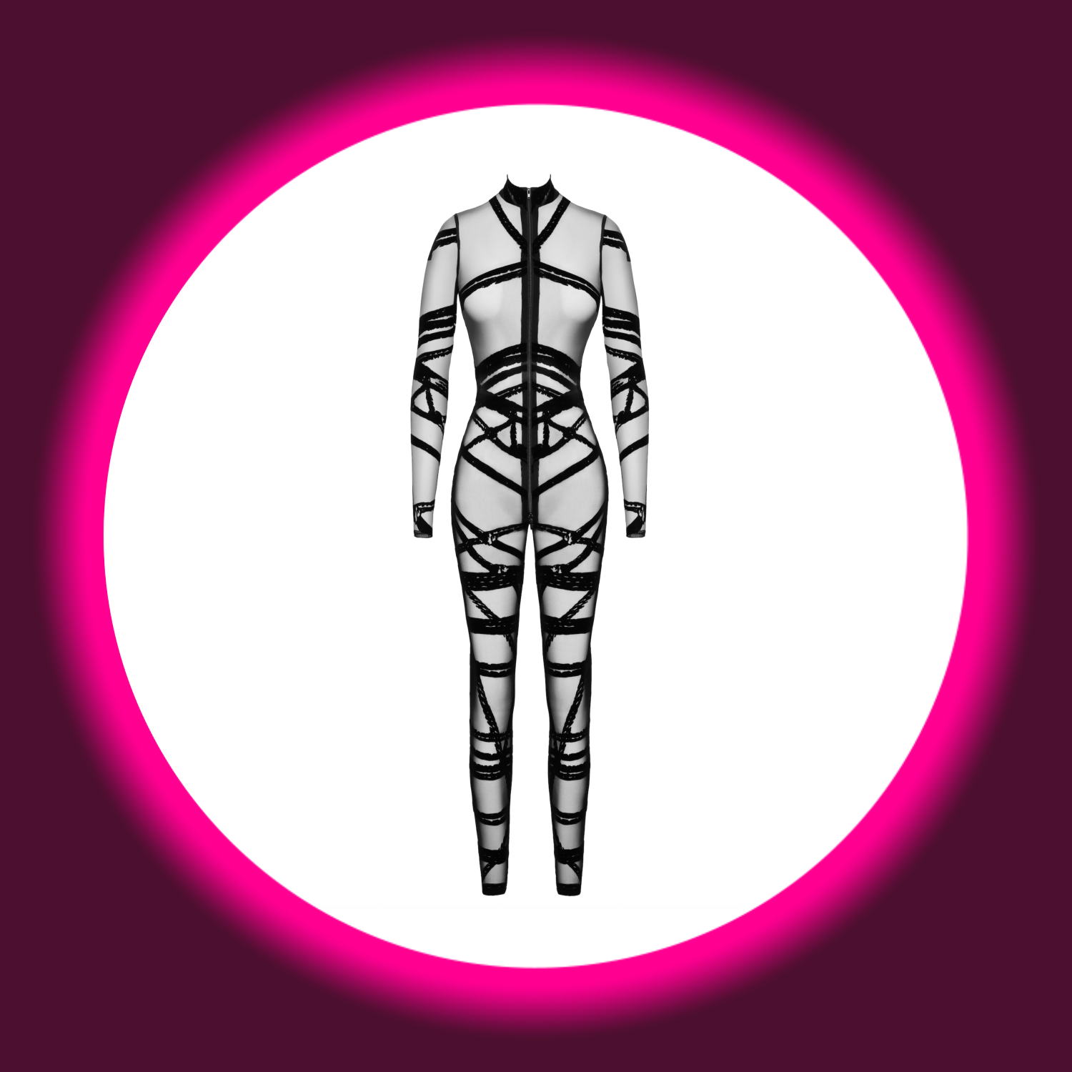 Frontansicht schwarzer Tüll Overall F357 von Noir Handmade mit Samtflock in Shibari-Optik