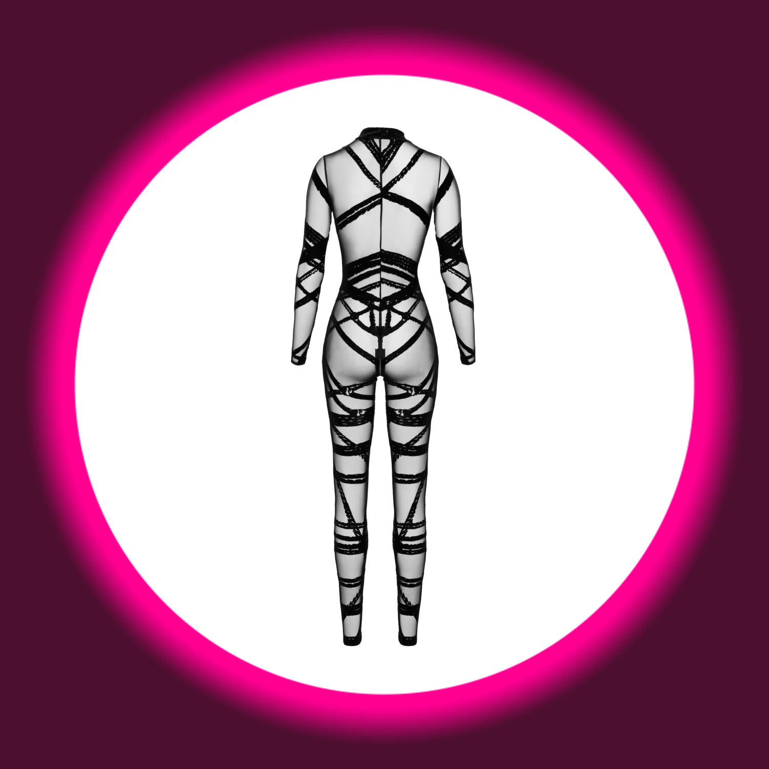 Rückansicht schwarzer Tüll Overall F357 von Noir Handmade mit Samtflock in Shibari-Optik