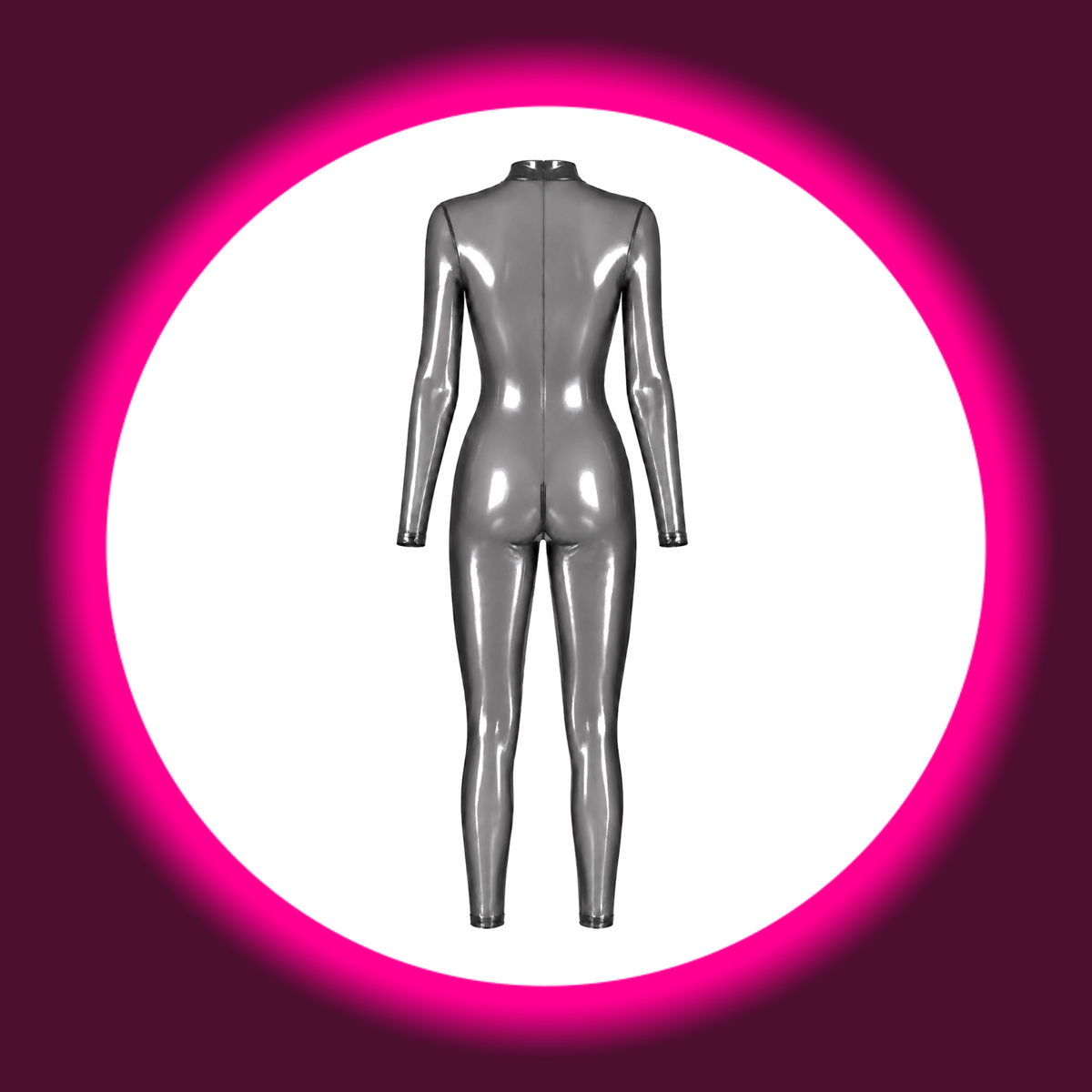 NOIR HANDMADE Overall Moondust F429 silber – Rückansicht freistehend, geschlossener Rücken mit Reißverschluss-Naht im silber-transparenten Latex-Look-Tüll