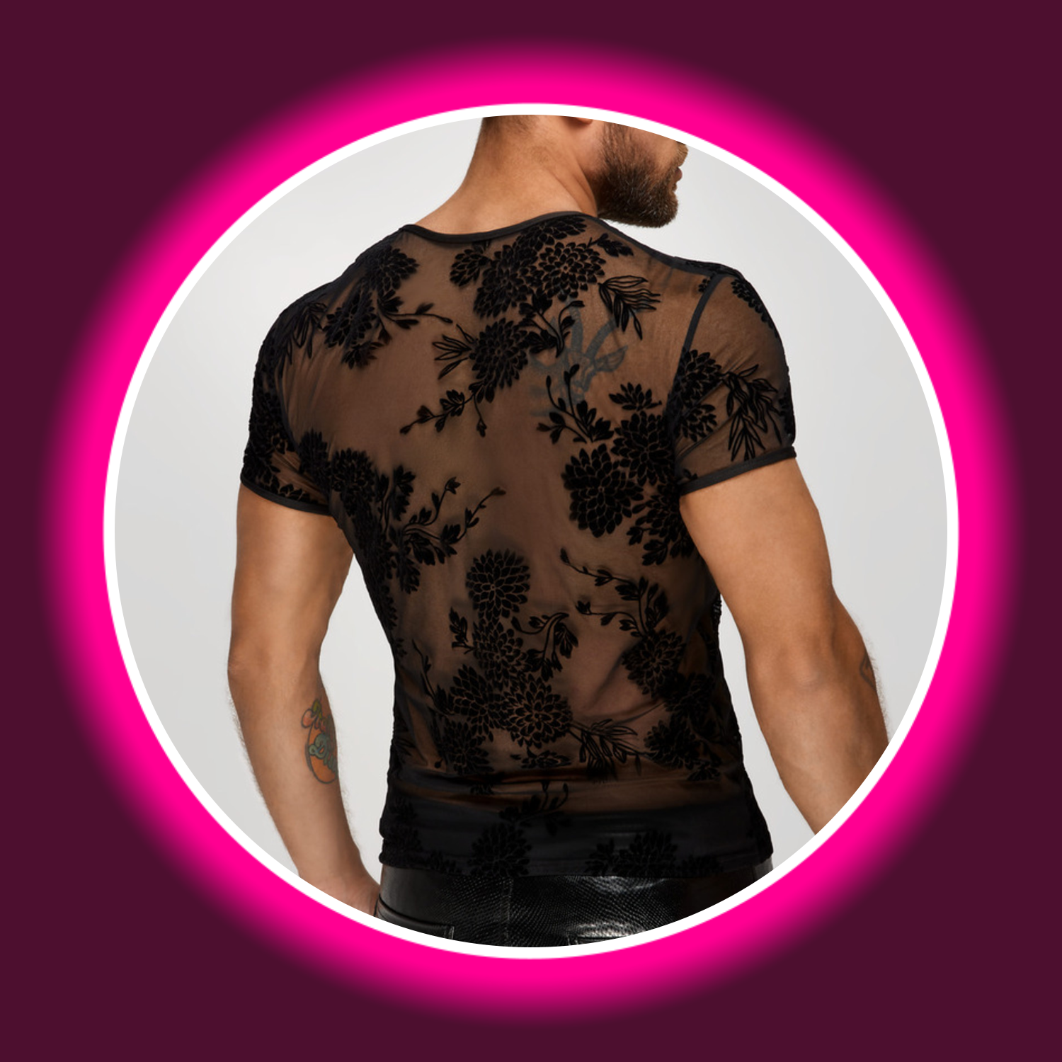 Rückansicht semitransparentes schwarzes Shirt H073 mit Blumenmuster von Noir Handmade