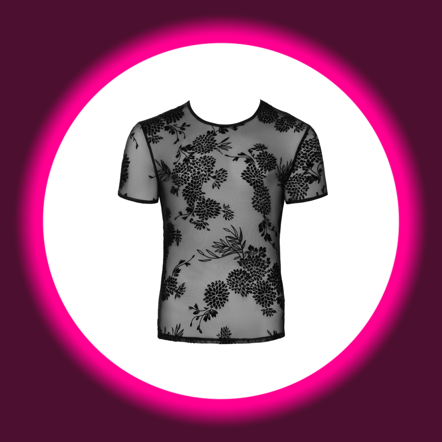 Frontansicht semitransparentes schwarzes Shirt H073 mit Blumenmuster von Noir Handmade