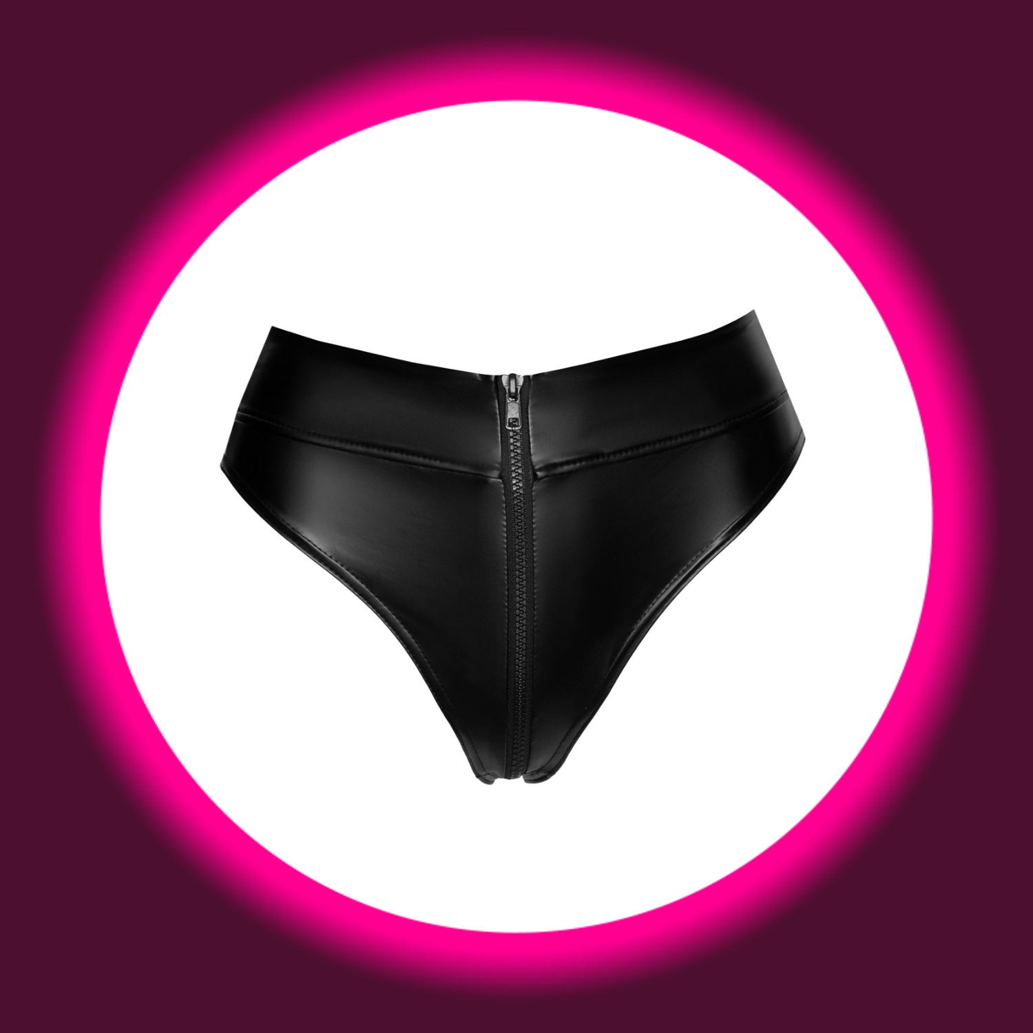 Frontansicht schwarzer glänzender Slip F260 mit Reißverschluss, von Noir Handmade