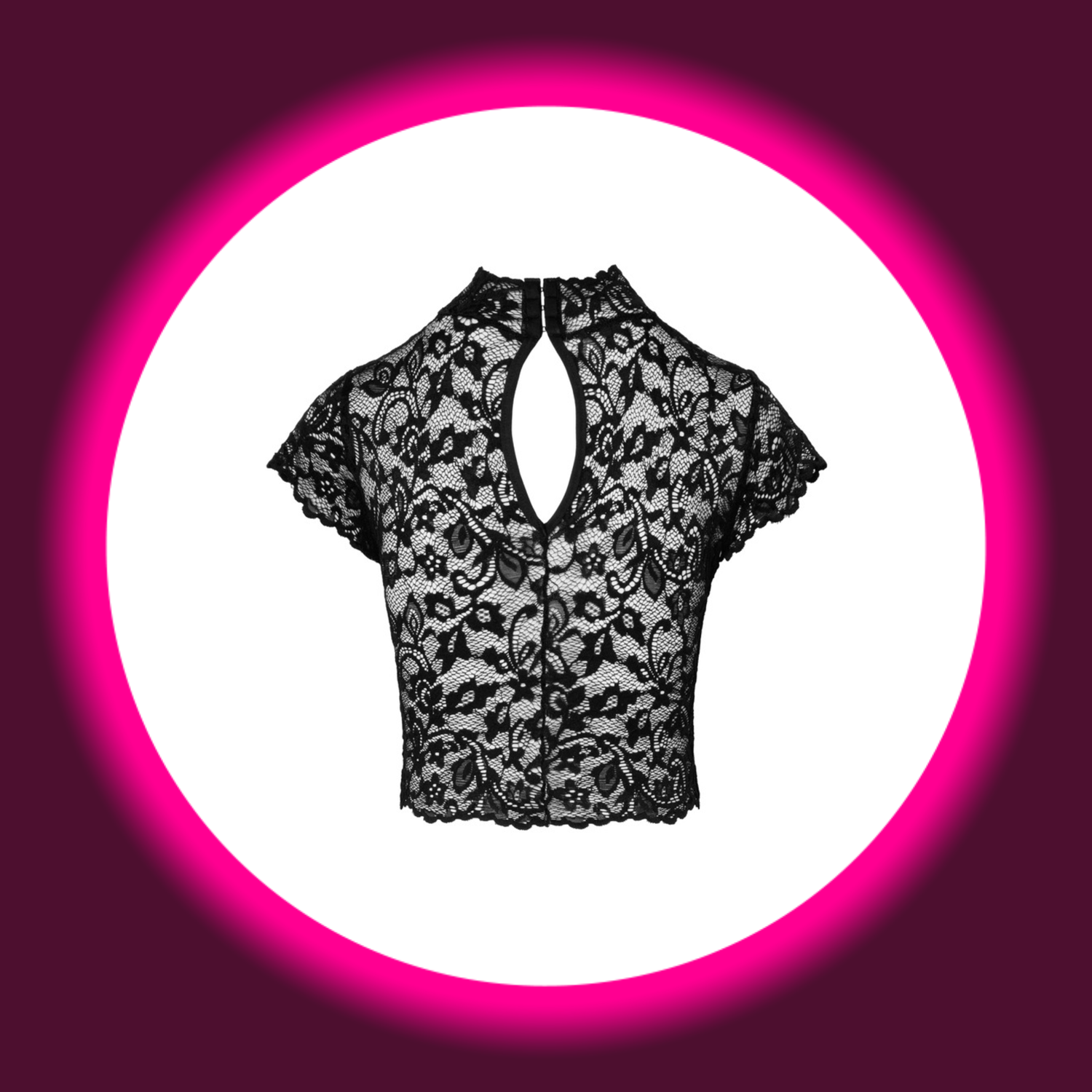 Rückansicht schwarzes kurzes Spitzenoberteil Essence F303 mit Hakenverschluss am Kragen, Noir Handmade