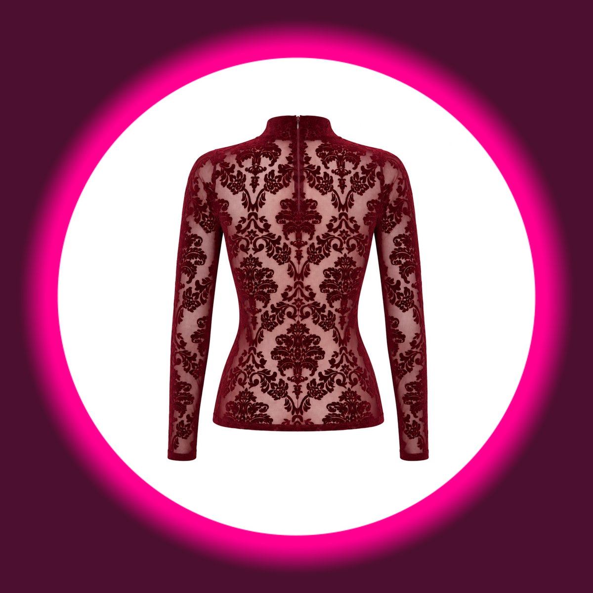 NOIR HANDMADE Top Masquerade F425 weinrot – Rückansicht freistehend, verdeckter Reißverschluss am Stehkragen, ornamentales Damast-Flockmuster über den gesamten Rücken