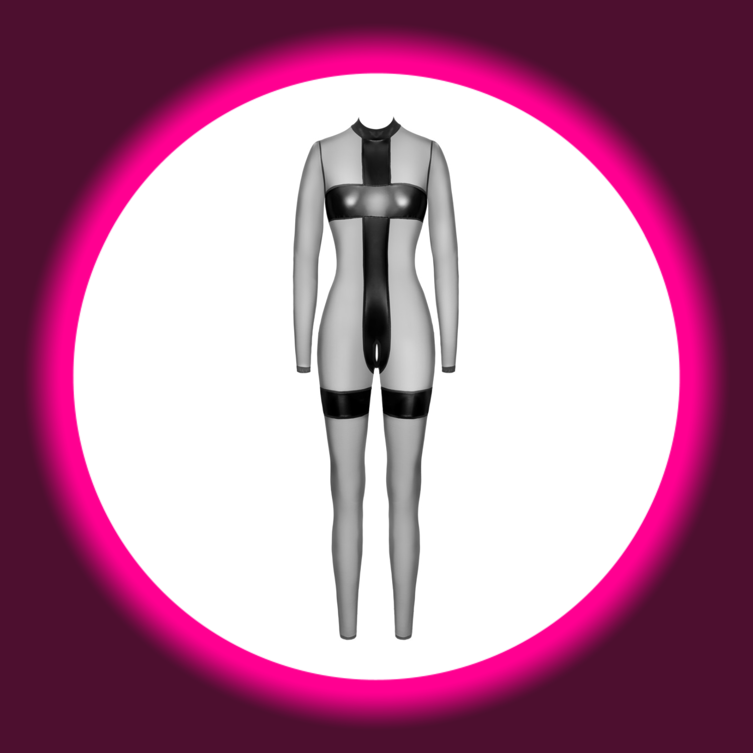 Frontansicht transparenter langer Overall mit blickdichten Wetlook-Streifen, im Schritt ouvert, Noir Handmade