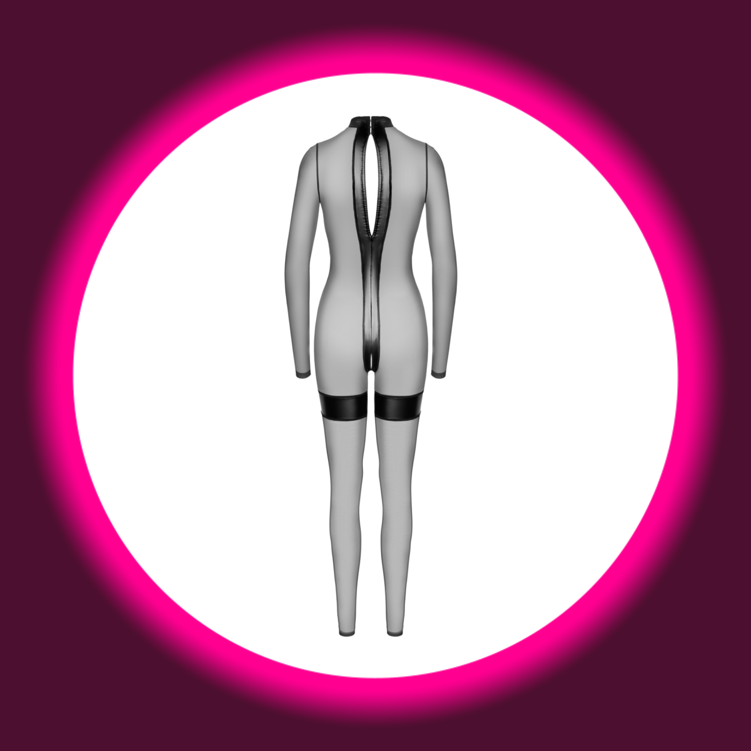 Rückansicht transparenter langer Overall mit blickdichten Wetlook-Streifen, im Schritt ouvert, Noir Handmade