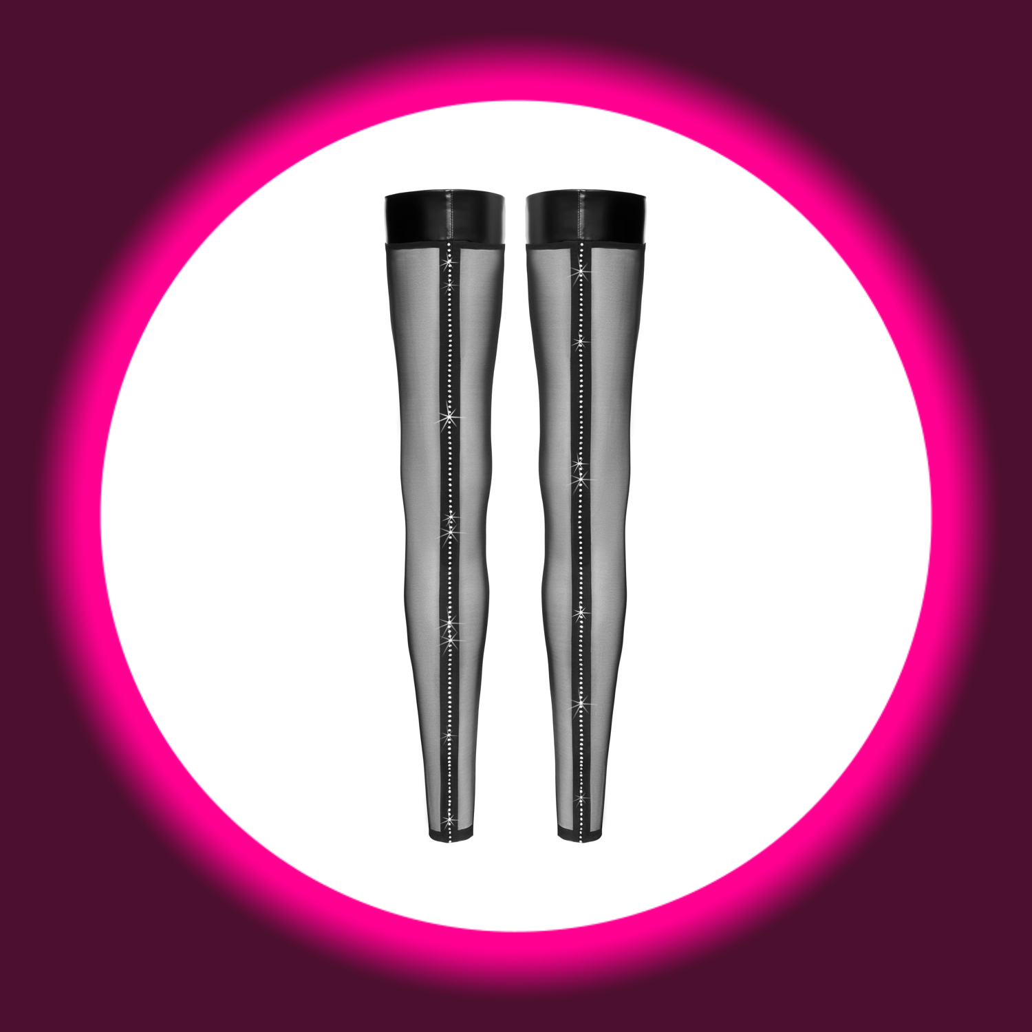 schwarze Powernet Stockings ohne Fuß mit Strassnaht, Noir Handmade