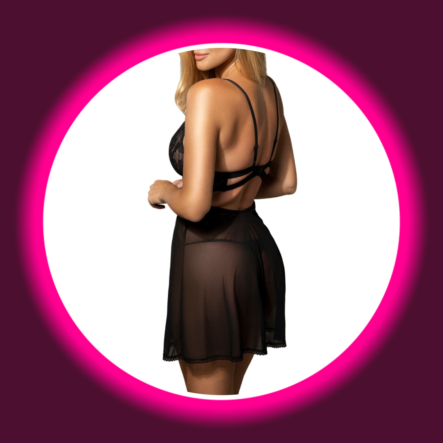 Rückansicht schwarzes Babydoll aus Spitze und Tüll, von Obsessive