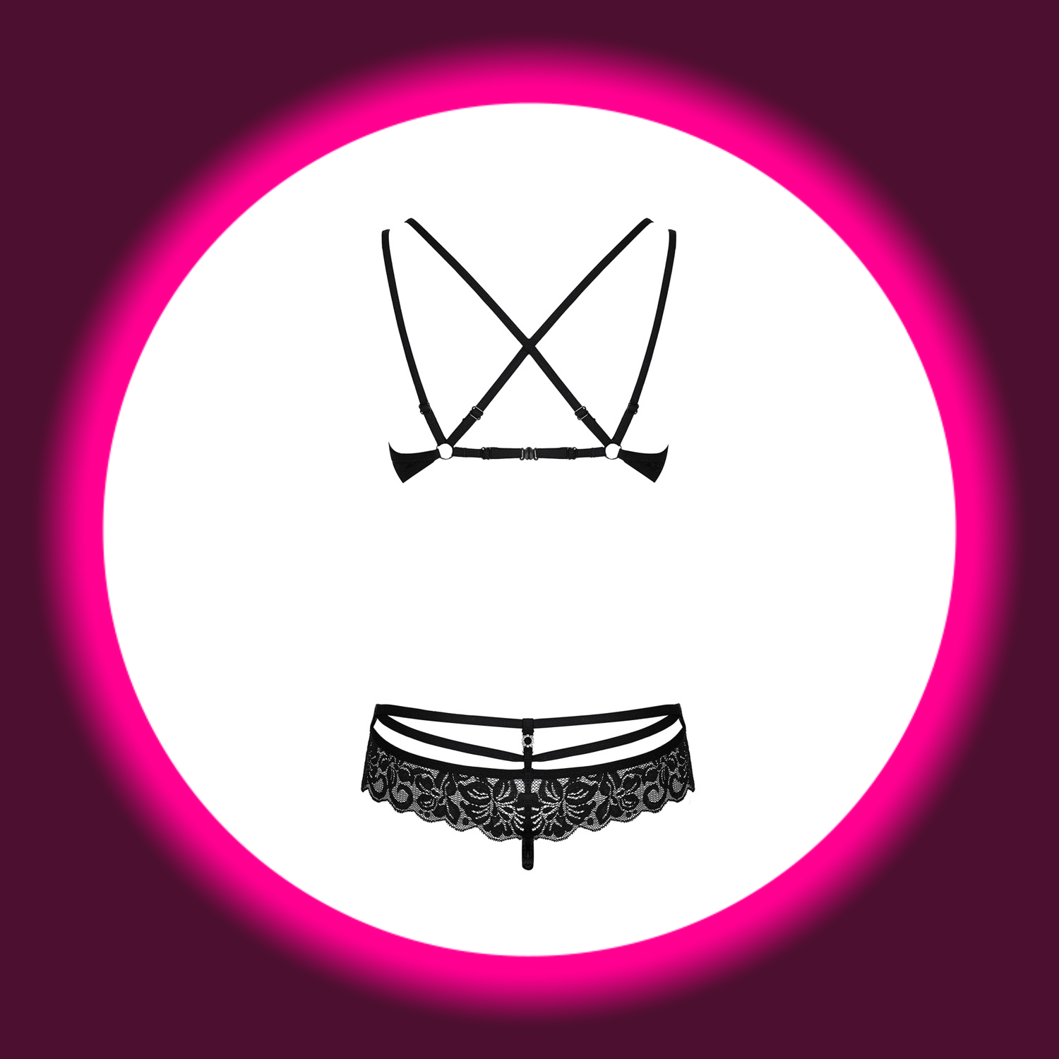 Rückansicht schwarzes Set aus BH und String, aus Spitze