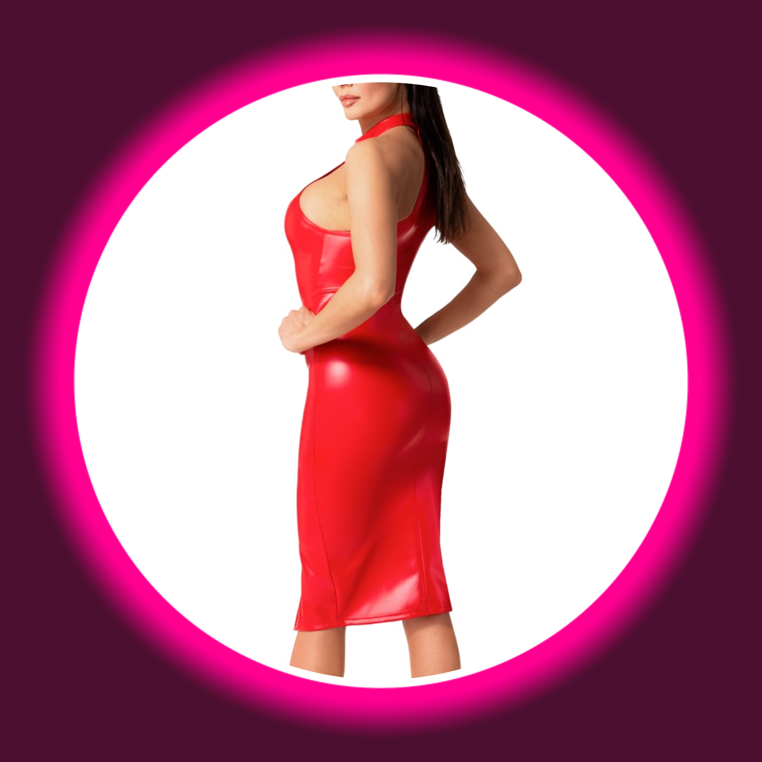 Rückansicht rotes glänzendes Midikleid von Noir Handmade