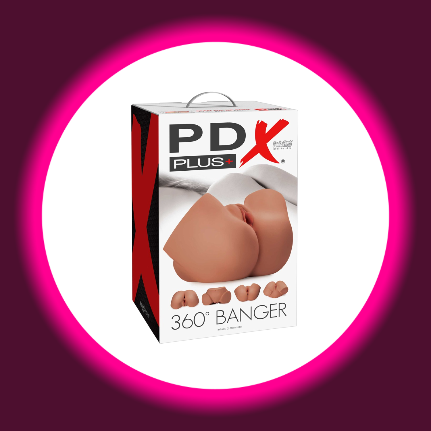Verkaufsverpackung hautfarbener Torso-Masturbator mit Vagina und Anus, PDX Plus 360 Banger