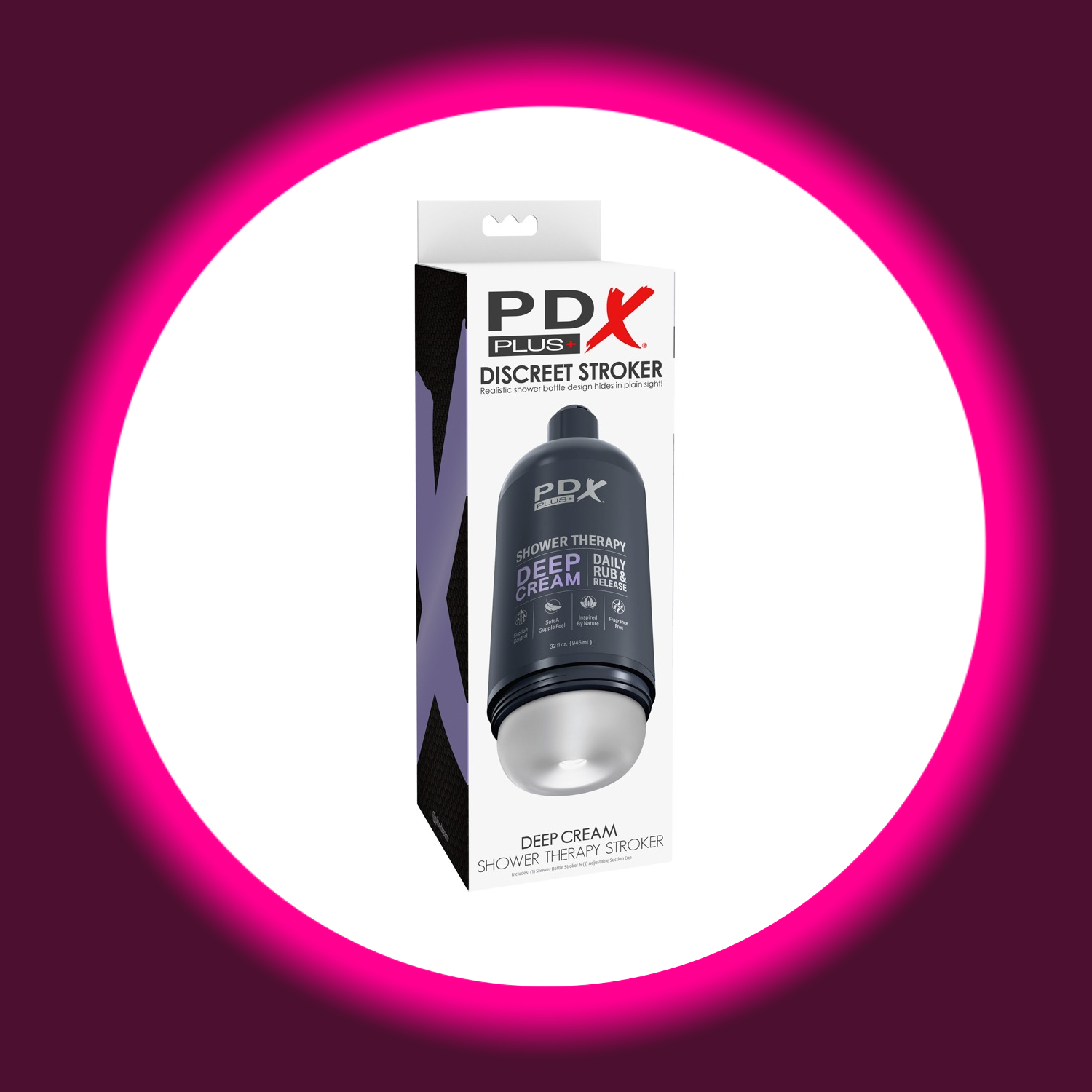 Verkaufsverpackung schwarzer Masturbator mit neutraler Innensleeve, PDX Plus Shower Therapy Deep Cream