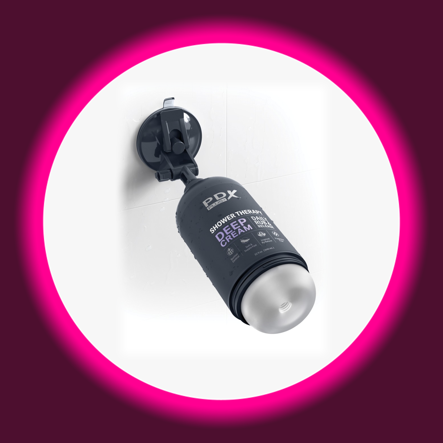schwarzer Masturbator mit neutraler Innensleeve und Wandhalterung, PDX Plus Shower Therapy Deep Cream