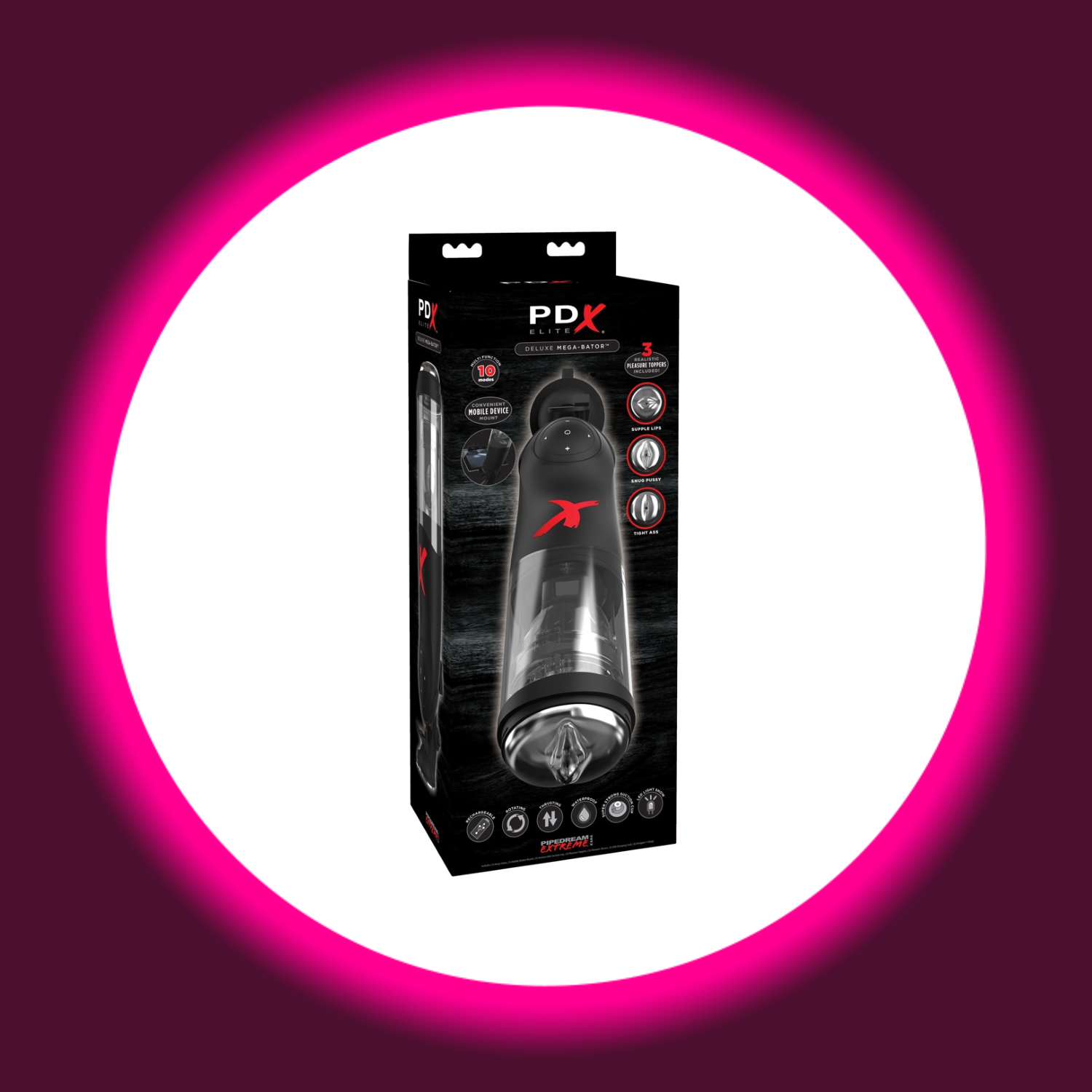 schwarze Verkaufsverpackung vom Masturbator Deluxe Mega-Bator mit Sleeve in Vaginaoptik von PDX Elite