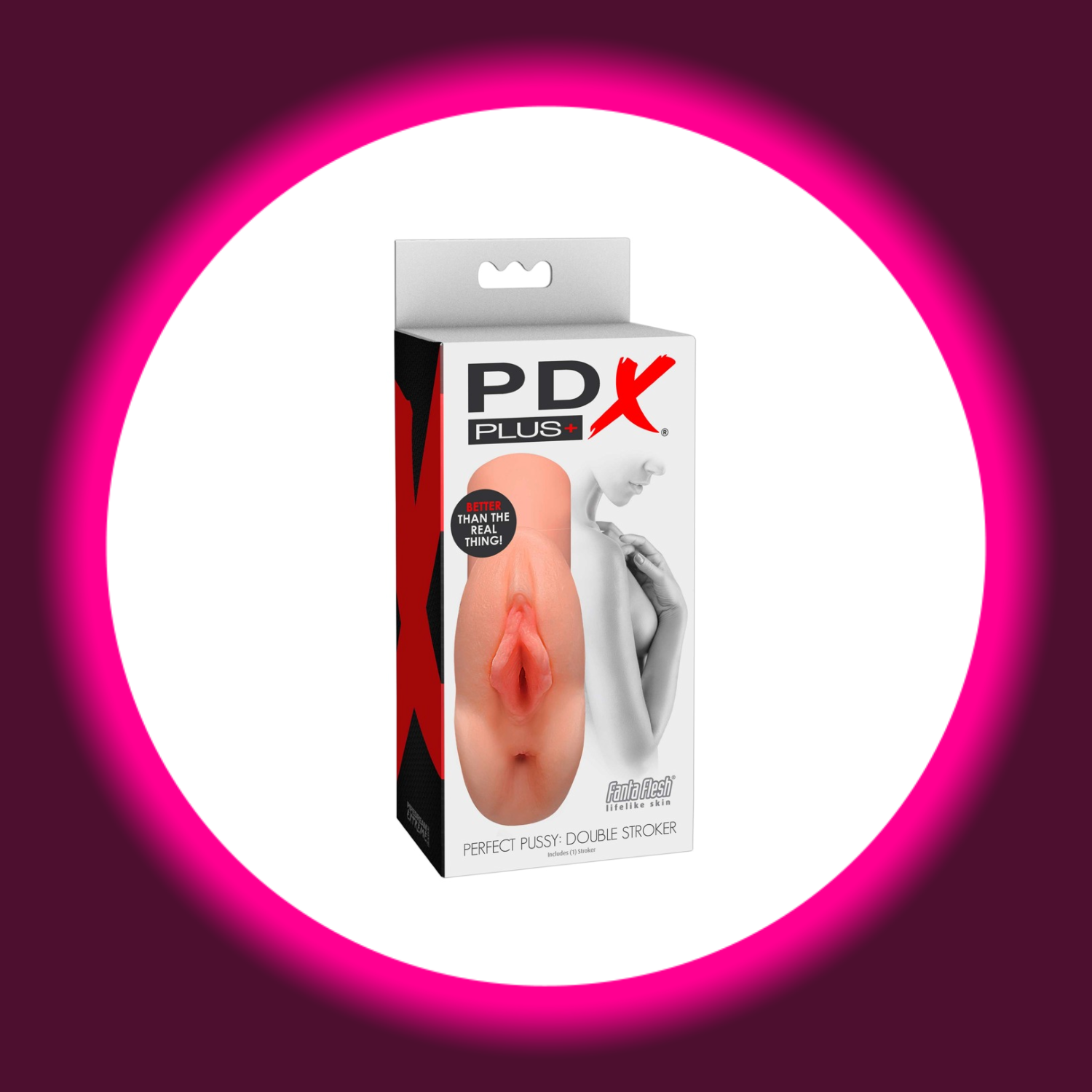 Verkaufsverpackung hautfarbener Masturbator mit Vagina und Anus, PDX Plus Double Stroker