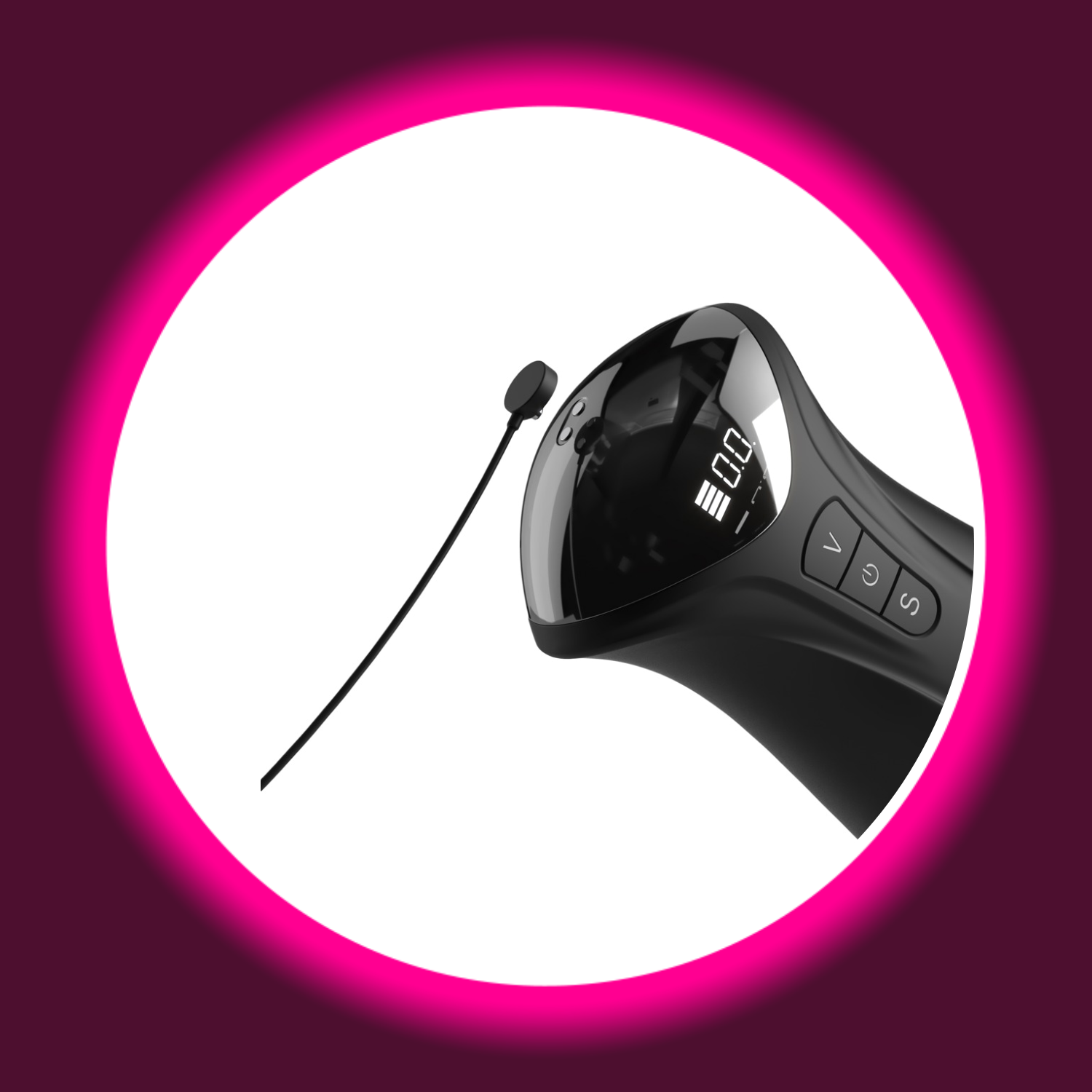 Detailansicht des Masturbators Fuck Gasm von PDX Elite mit USB-Ladekabel und Digitalanzeige