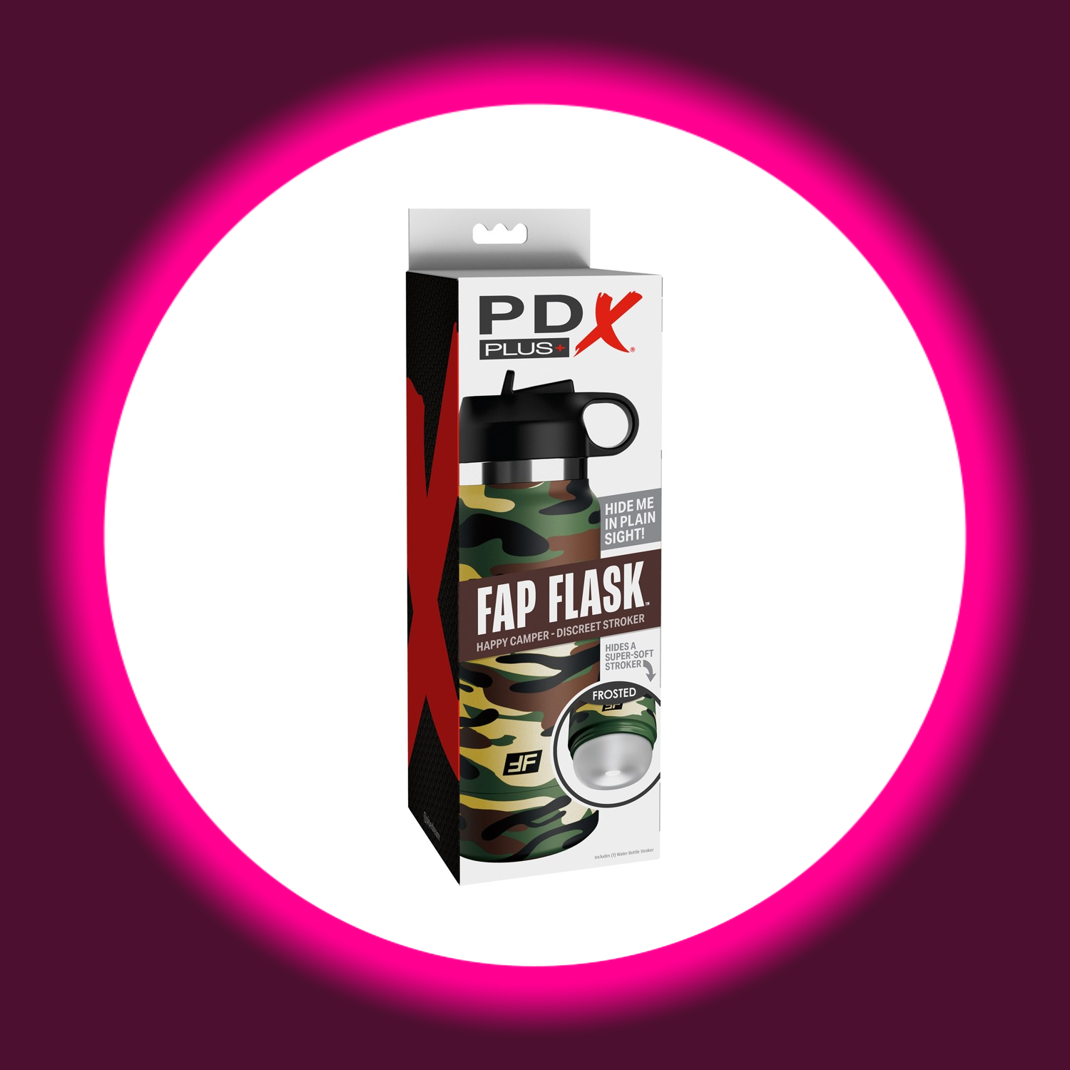 Verkaufsverpackung Camouflage Masturbator mit neutraler Innensleeve, PDX Plus Happy Camper
