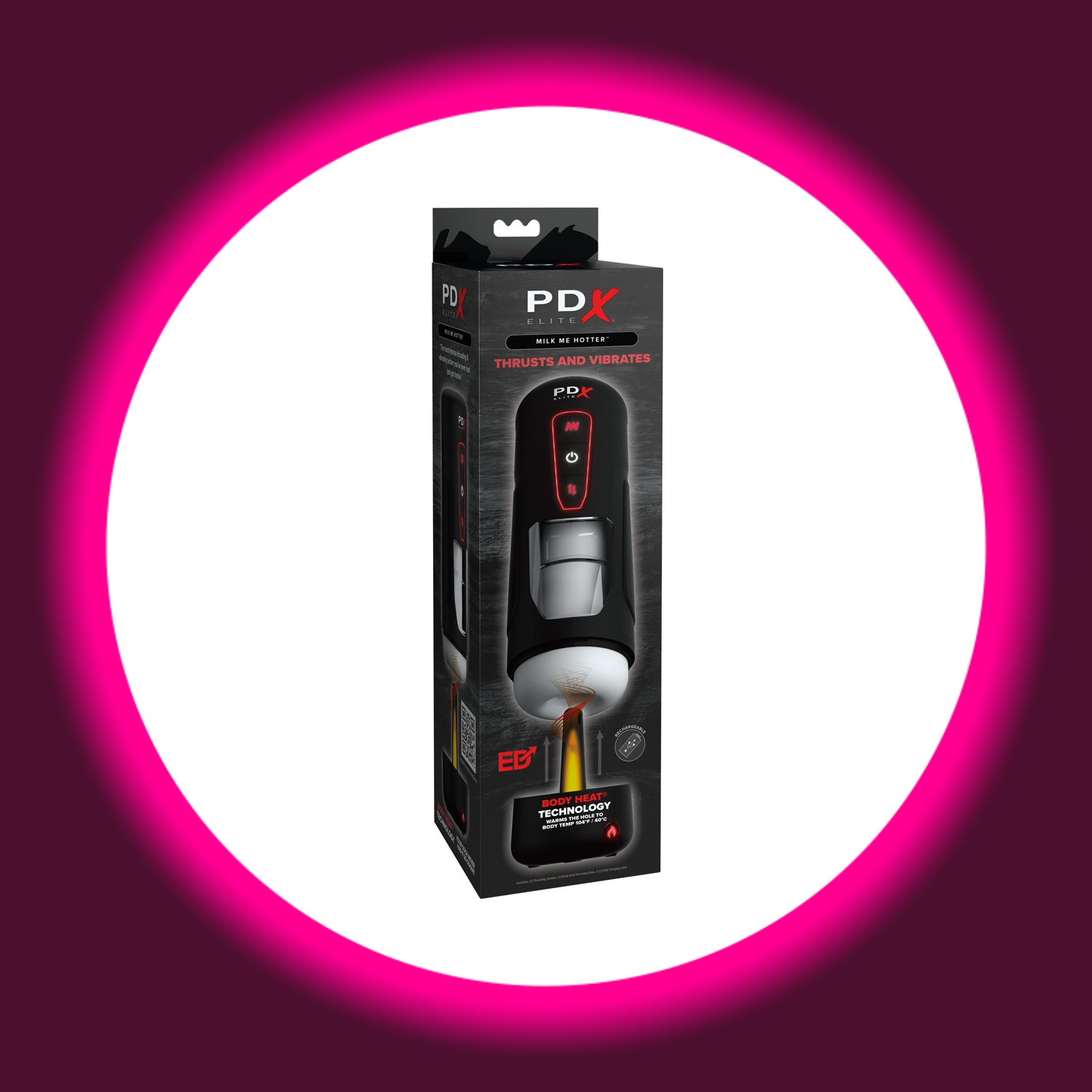 Verkaufsverpackung schwarzer Masturbator PDX Elite Milk me Hotter mit Wärmestab