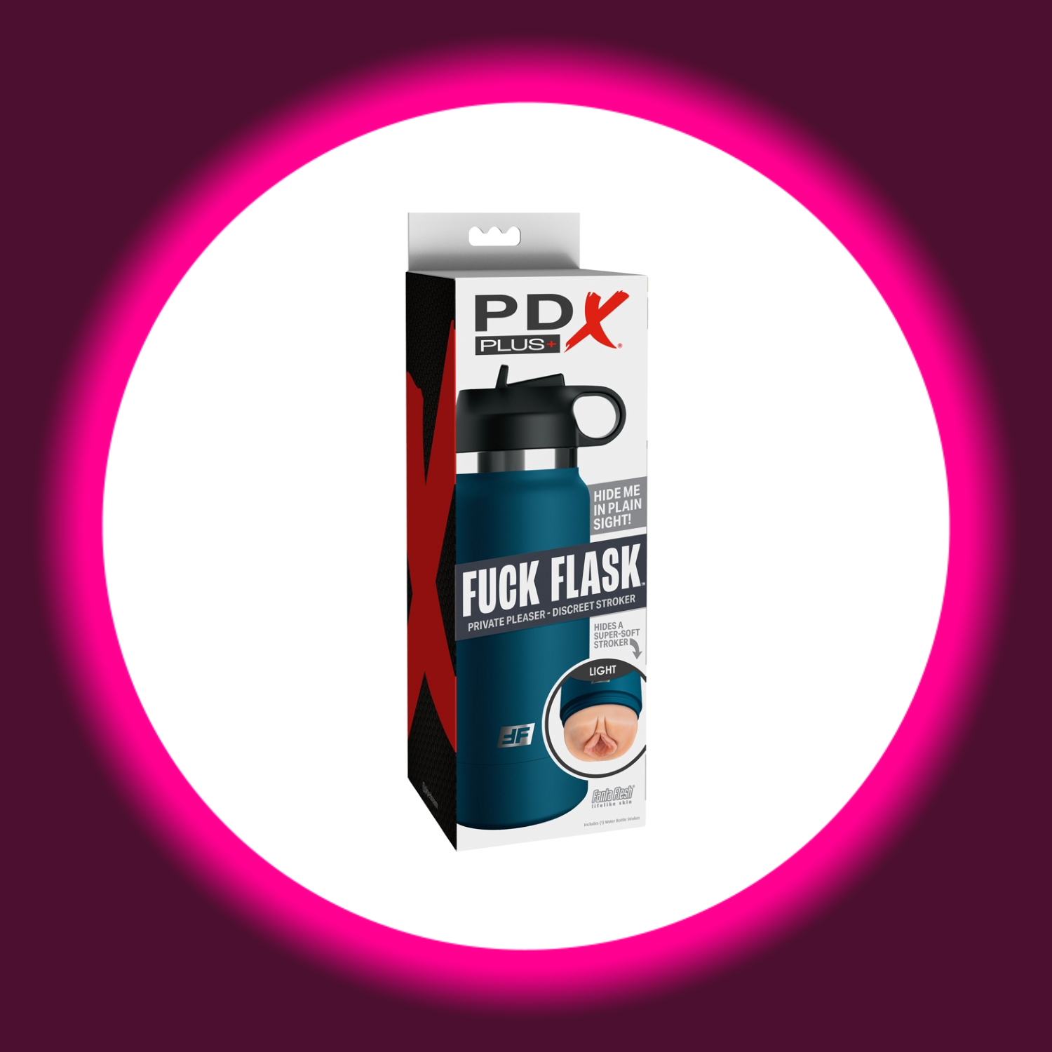 Verkaufsverpackung blauer Masturbator, getarnt als Trinkflasche, PDX Plus Fuck Flask Private Pleaser