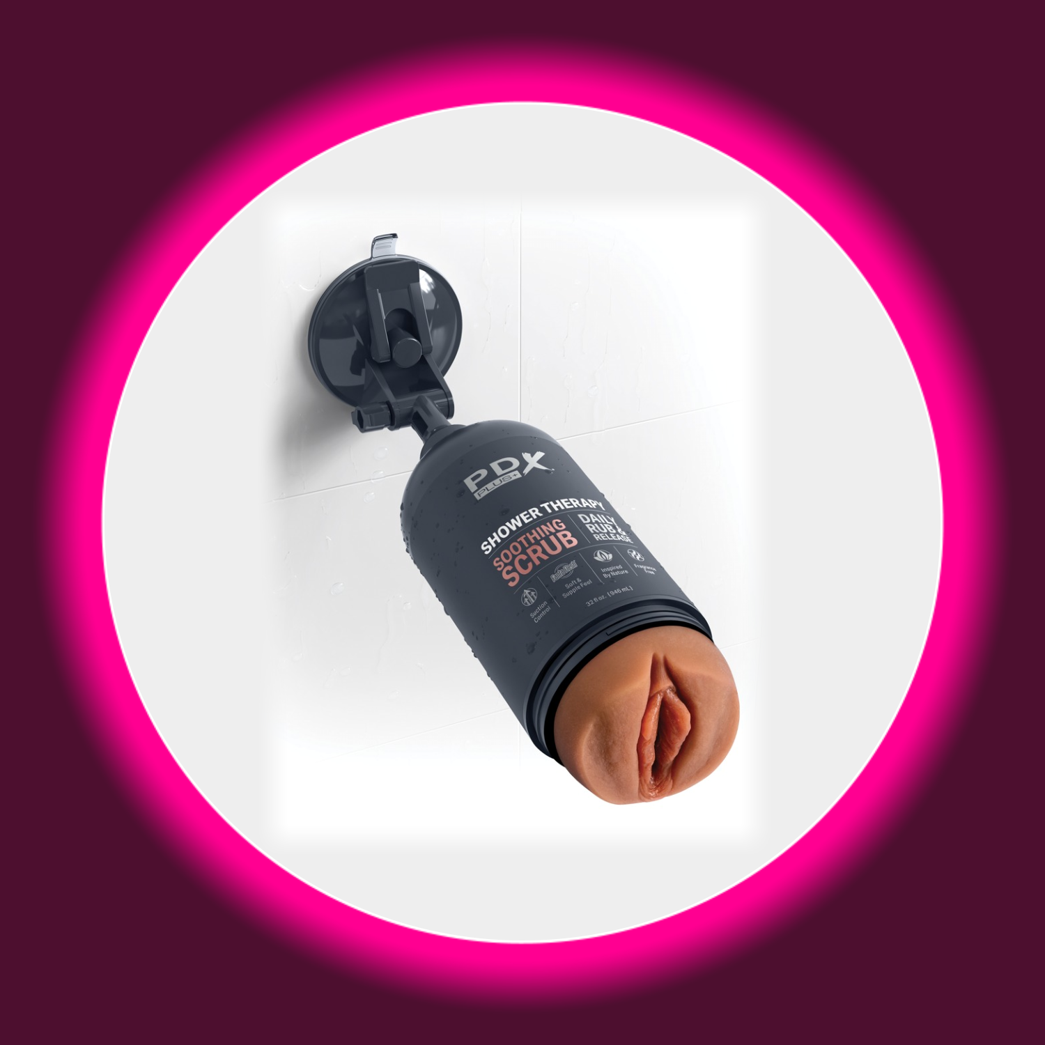 schwarzer Masturbator mit Sleeve in Vaginaoptik und Wandhalterung, PDX Plus Shower Therapy Soothing Scrub