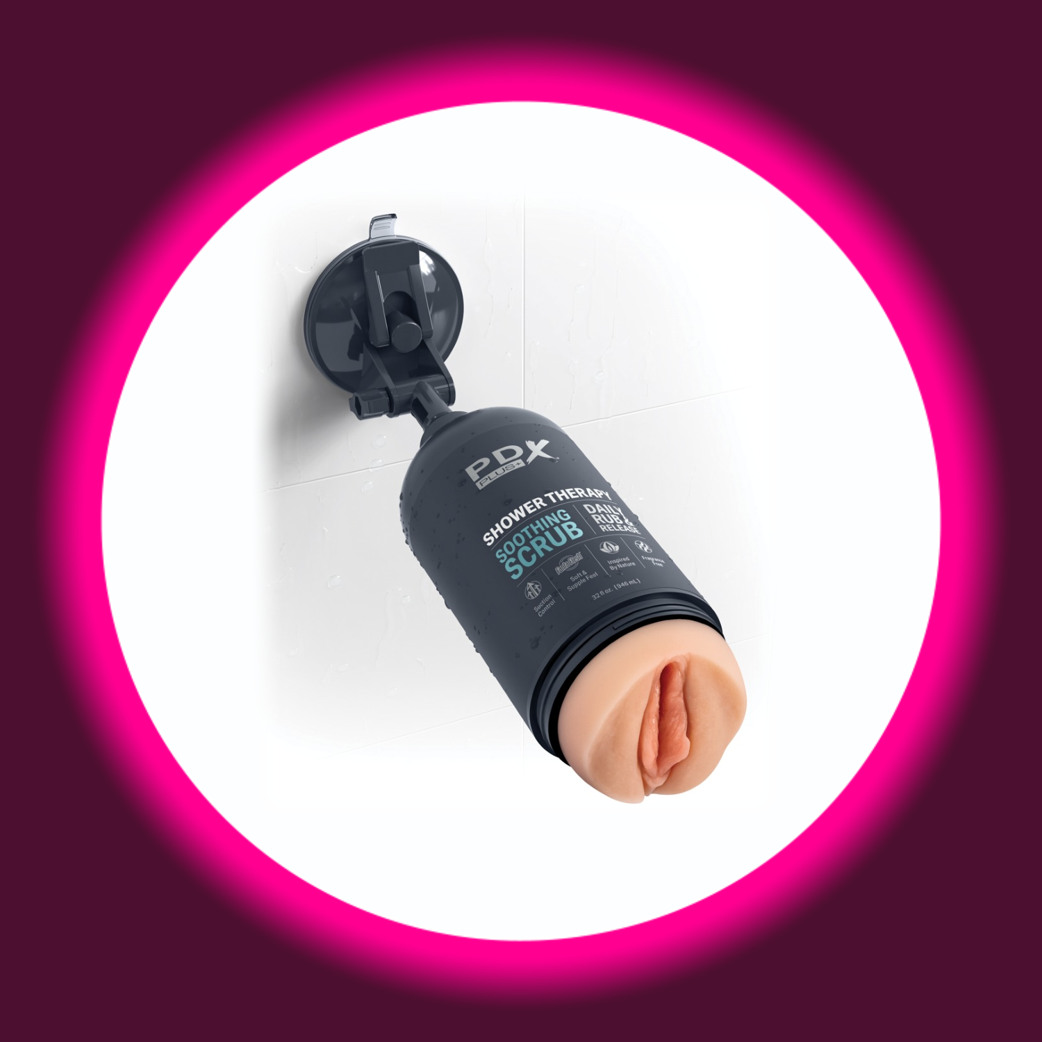 schwarzer Masturbator mit Sleeve in Vaginaoptik und Wandhalterung, PDX Plus Shower Therapy Soothing Scrub