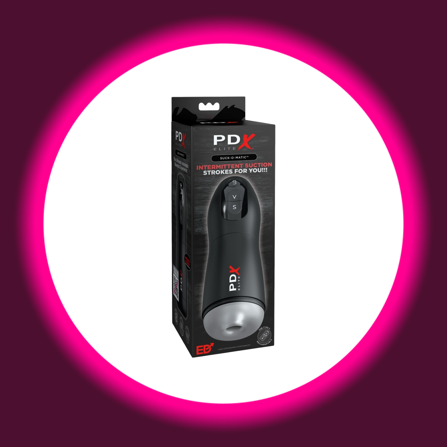 schwarze Verkaufsverpackung Masturbator Suck-o-matic von PDX Elite mit neutraler Innensleeve