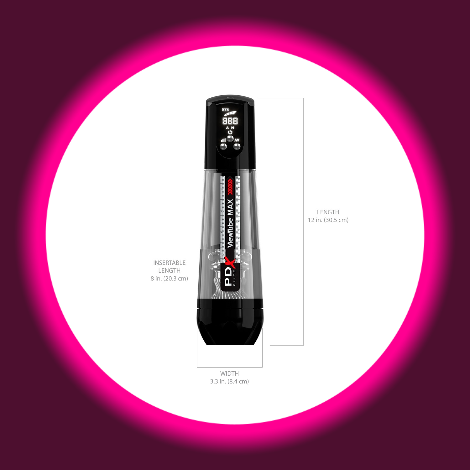 Maße durchsichtiger Masturbator mit Digitalanzeige, PDX Elite ViewTube Max