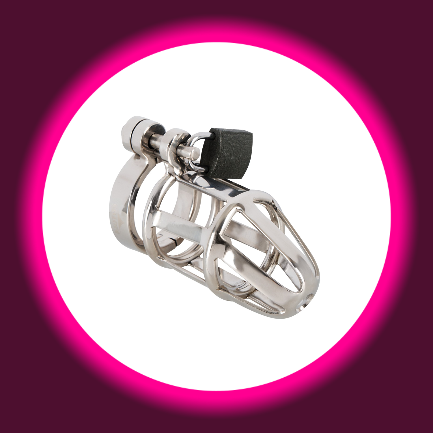 Winkelansicht silberner Peniskäfig mit schwarzem Vorhängeschloss, You2Toys