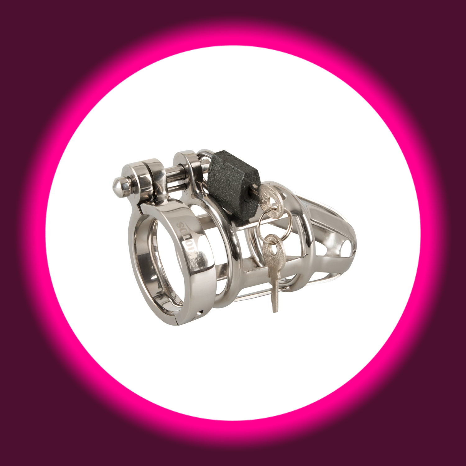 Winkelansicht silberner Peniskäfig mit schwarzem Vorhängeschloss und 2 Schlüsseln, You2Toys