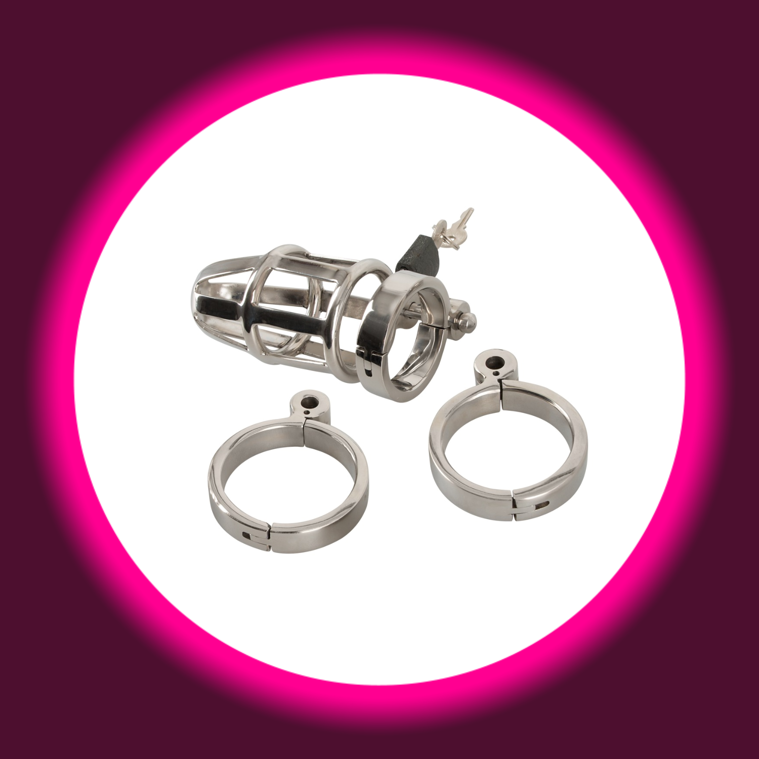 silberner Peniskäfig mit schwarzem Vorhängeschloss und zwei Ringen, You2Toys