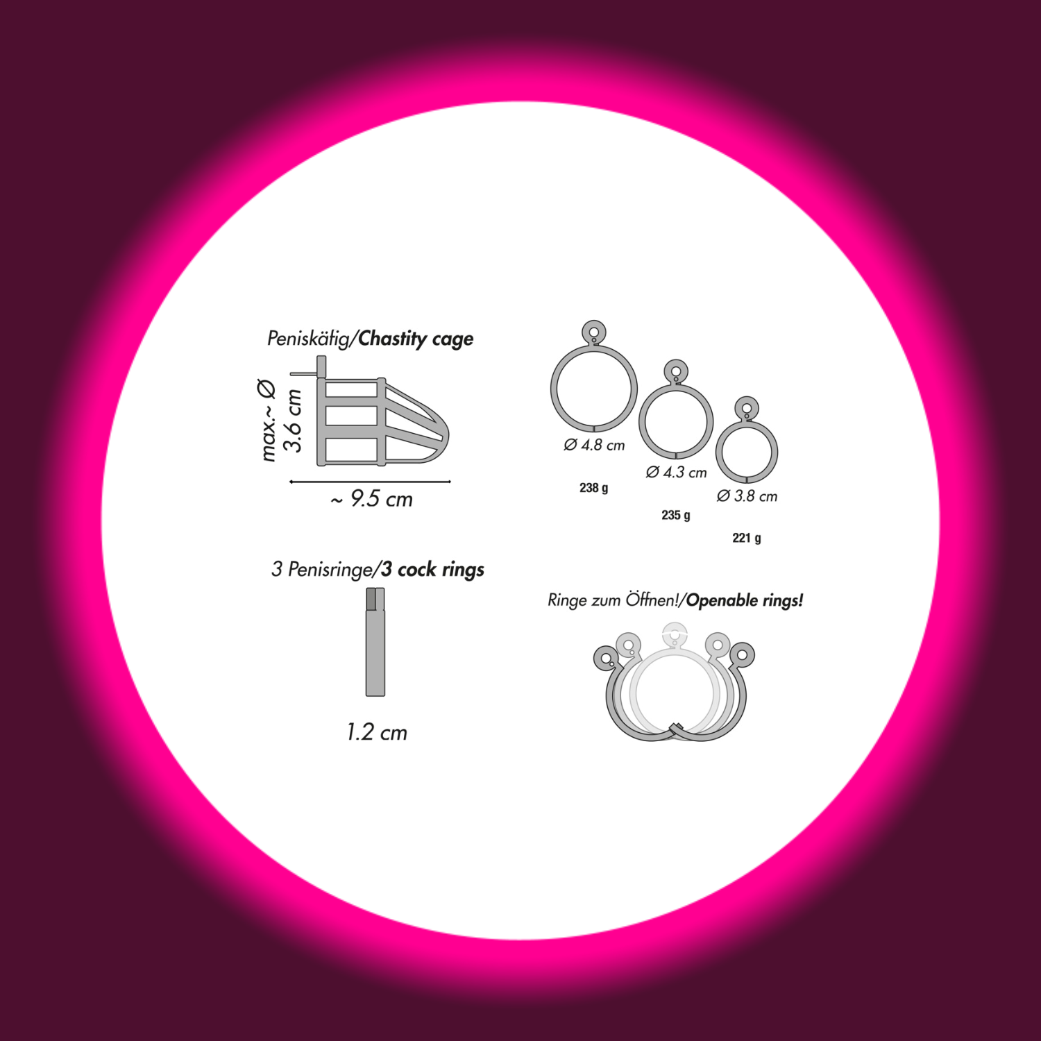 schematische Zeichnung mit Maßangaben silberner Peniskäfig von You2Toys