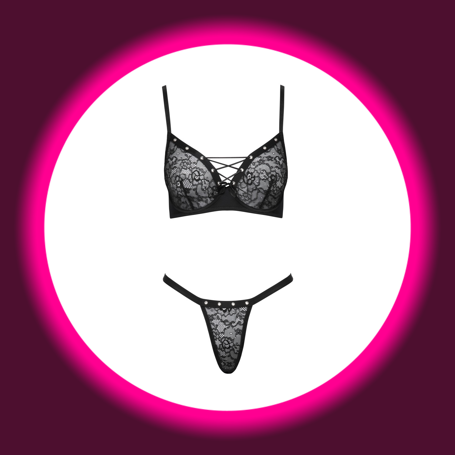 Bügel-BH und Riostring im schwarzen Set mit Spitze, von Cottelli LINGERIE