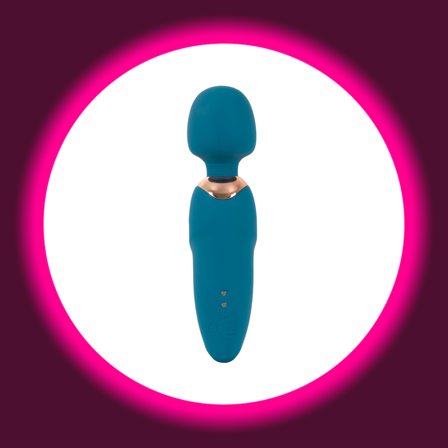Rückansicht auf einen kleinen blauen Massagestab bzw. Wand Vibrator