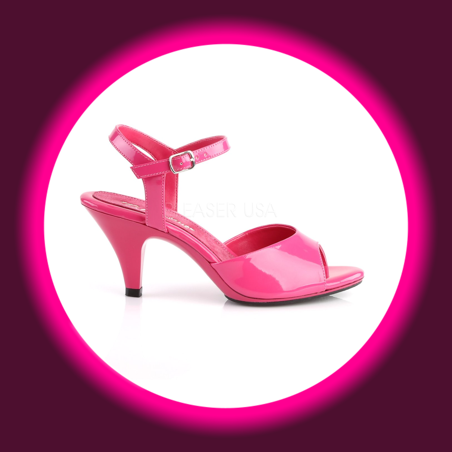 seitliche Ansicht pinke Sandale mit Fesselriemen und niedrigem Absatz, Fabulicious Belle 309
