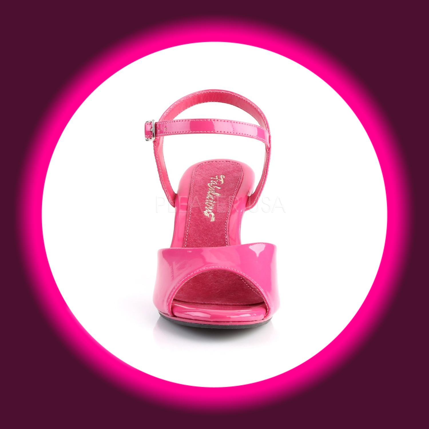 Frontansicht pinke Sandale mit Fesselriemen und pinker Innensohle, Fabulicious Belle 309