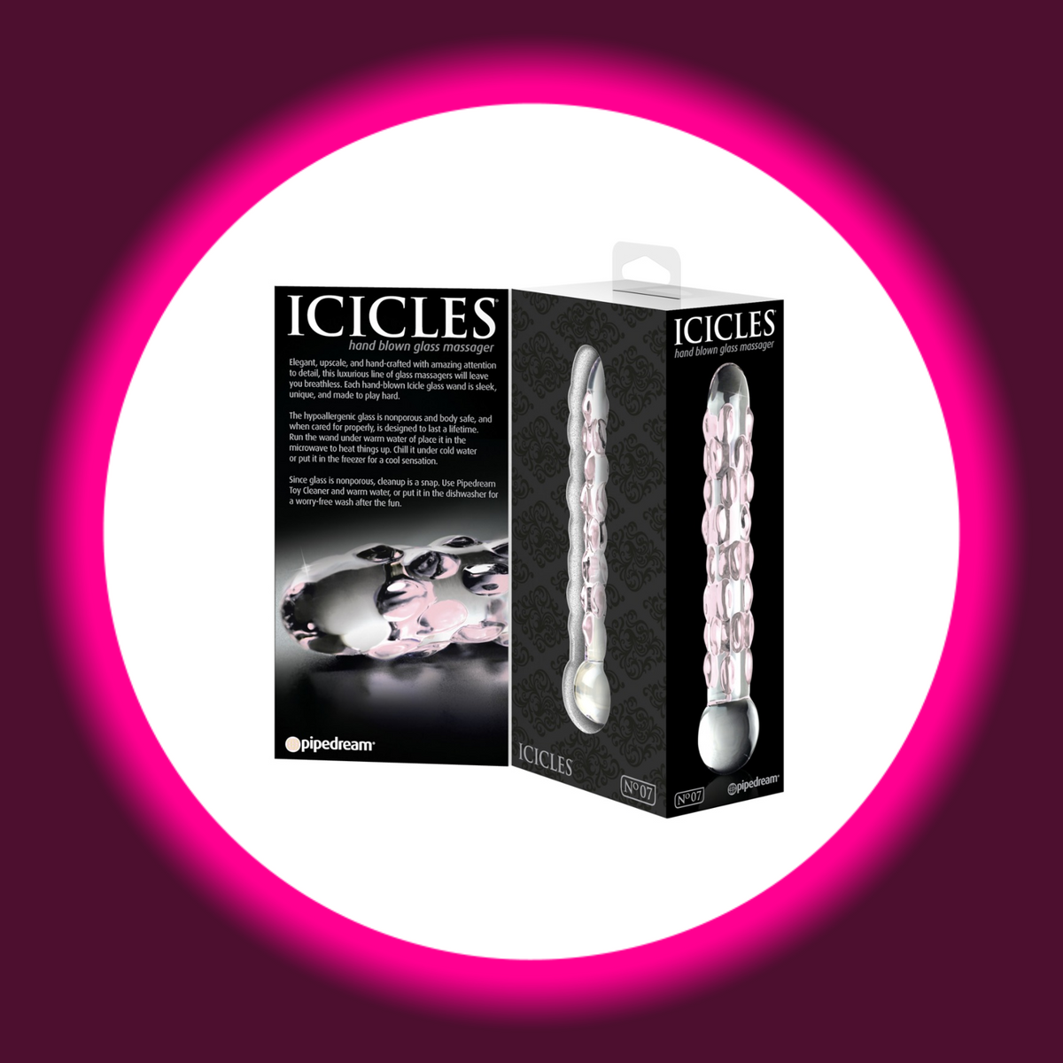 Pipedream Icicles No. 7 Glasdildo in schwarzer Produktverpackung mit Abbildungen des transparenten Glasdildos mit rosafarbenen Noppen und kugelförmigem Griff
