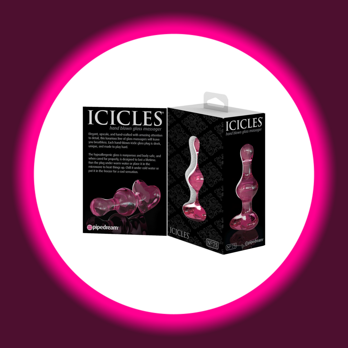 Pipedream Icicles No. 75 Glasplug in schwarzer Produktverpackung mit Abbildungen des rosafarbenen Plugs mit kugelförmiger Verdickung und Herzbasis