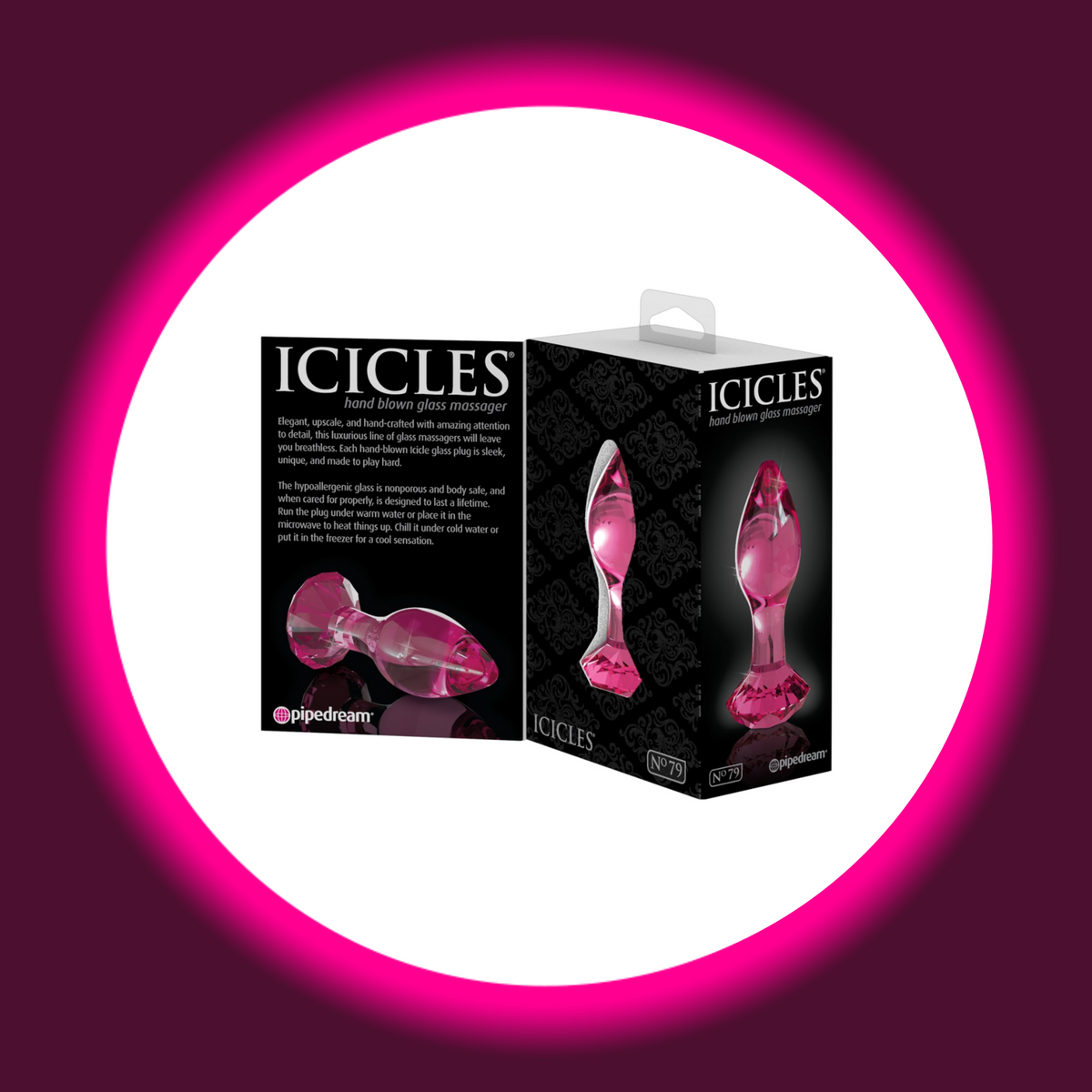 Pipedream Icicles No. 79 Glasplug in schwarzer Produktverpackung mit Abbildungen des pinkfarbenen Plugs mit facettierter Basis in Diamantoptik