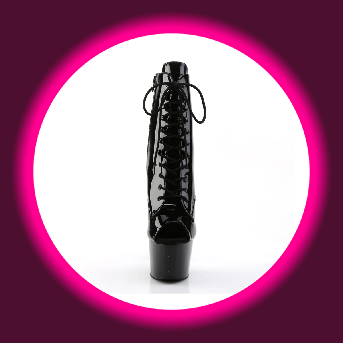 Pleaser Adore 1021 Lack-Plateau-Stiefelette in Schwarz, freigestellte Frontansicht mit durchgängiger Schnürung, offener Spitze und hohem Plateau