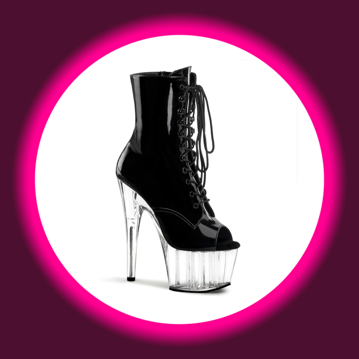 Pleaser Adore 1021 Lack-Stiefelette in Schwarz mit transparentem Plateau und Stilettoabsatz, offener Spitze und Frontschnürung, freigestellte schräge Frontansicht