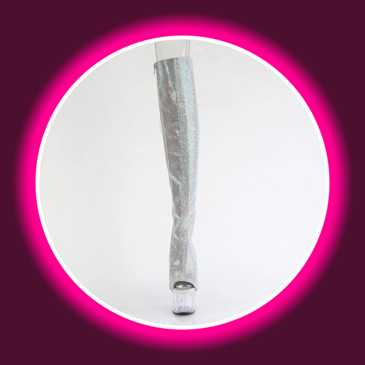 Pleaser Adore 3019C Overknee-Stiefel, Frontansicht mit vollständig strassbesetztem Schaft, offener Schuhspitze und hohem transparentem Plateau